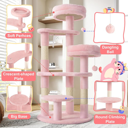 Allewie 55.5 in Cat Tree for Indoor Kitties/Soft Plush Perches/Multi-Level Cat Tower/Sisal Scratching Posts/Crescent Plates/Round Jumping Board/Hanging Ball/Pet Activity Center/Pink