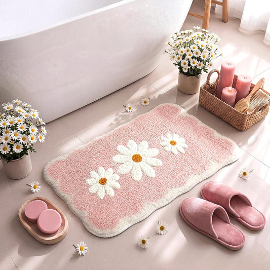 Breling Pink Daisy Bathroom Rugs Cute Scalloped Edge Flocked Bath Mat Soft Tufted White Flower Rug Non Slip Super Absorbent Machine Washable Bathtub Mats for Shower, 24 x 16 Inches