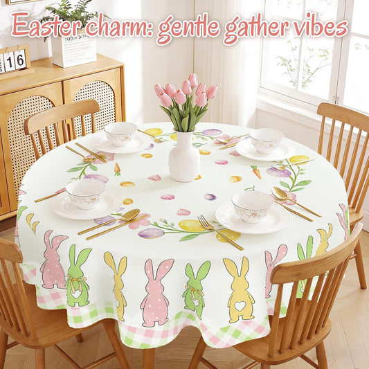 Easter Tablecloth 60 Inch Round, Pink Green Buffalo Check Plaid Pastel Bunny Silhouette Eggs Watercolor Washable Stain-Resistant Table Cover for Party Picnic Dinner Spring Decor