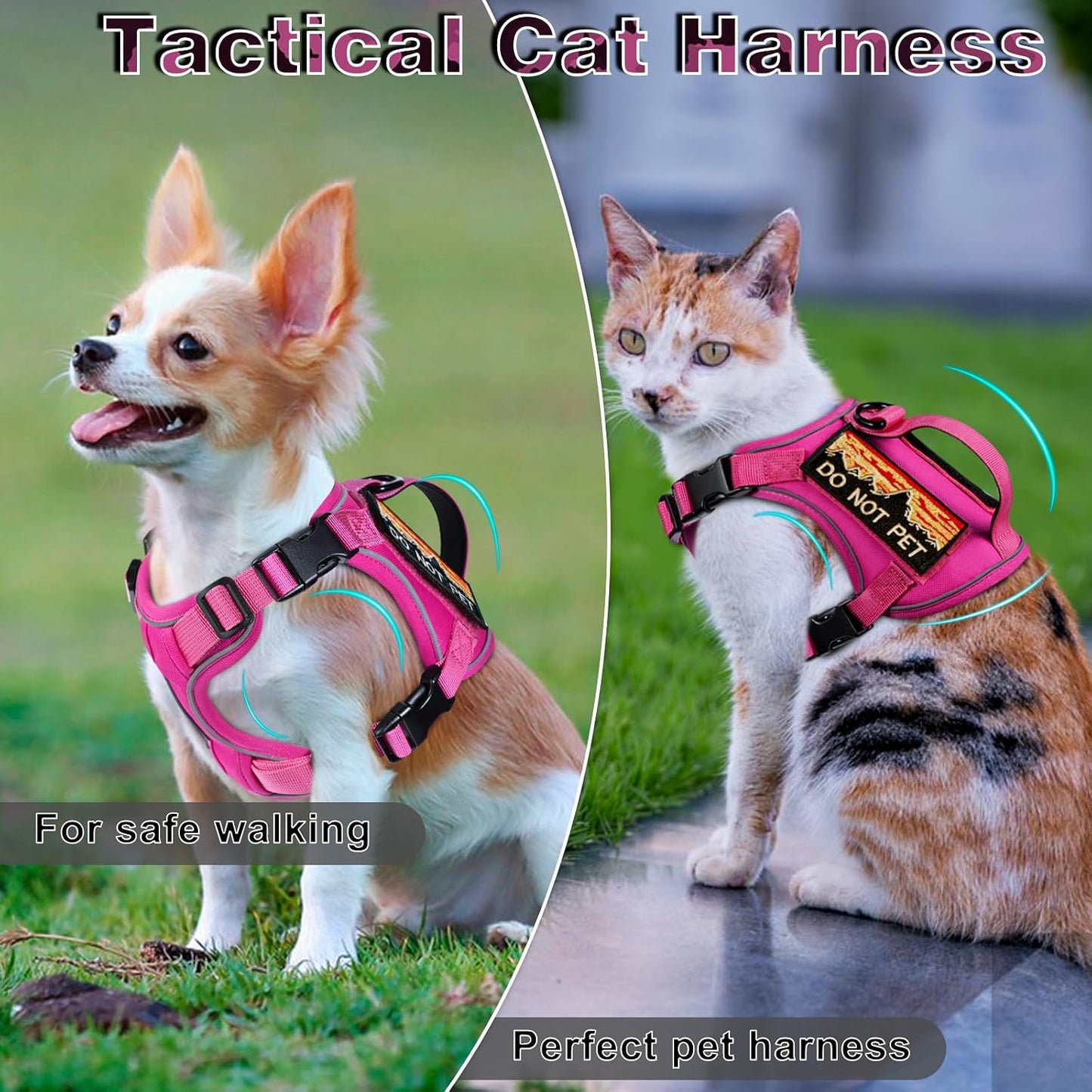 Tactical Cat Harness for Walking, Adjustable Escape Proof Pet Vest for Large Cat,Easy Control Breathable Cat Vest with Handle，Molle Patches (Pink, L)
