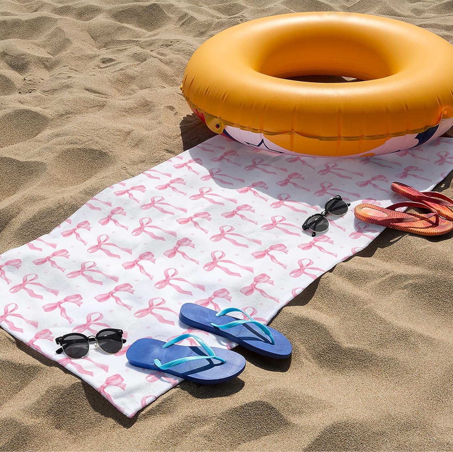 Preppy Beach Towels, Pink Coquette Bow Ribbon Bows Pool Towels, Girly Trendy Bowknot Sand Towel Large Bath Towel Gifts for Teen Girls Women, Preppy Coquette Pink Bow Bathroom Decor, 30x60in