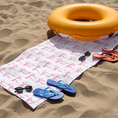 Preppy Beach Towels, Pink Coquette Bow Ribbon Bows Pool Towels, Girly Trendy Bowknot Sand Towel Large Bath Towel Gifts for Teen Girls Women, Preppy Coquette Pink Bow Bathroom Decor, 30x60in