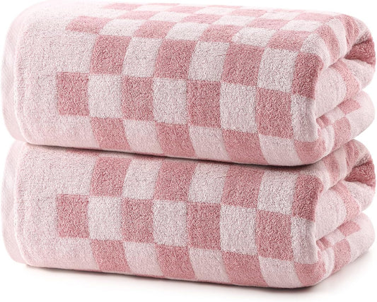 REDKISS 2 Piece Pink Checkered Bath Towels Set - 27”x55” Highly Absorbent 600GSM Pink Cotton Towels for Bathroom Decoration, Retro Checkered Design