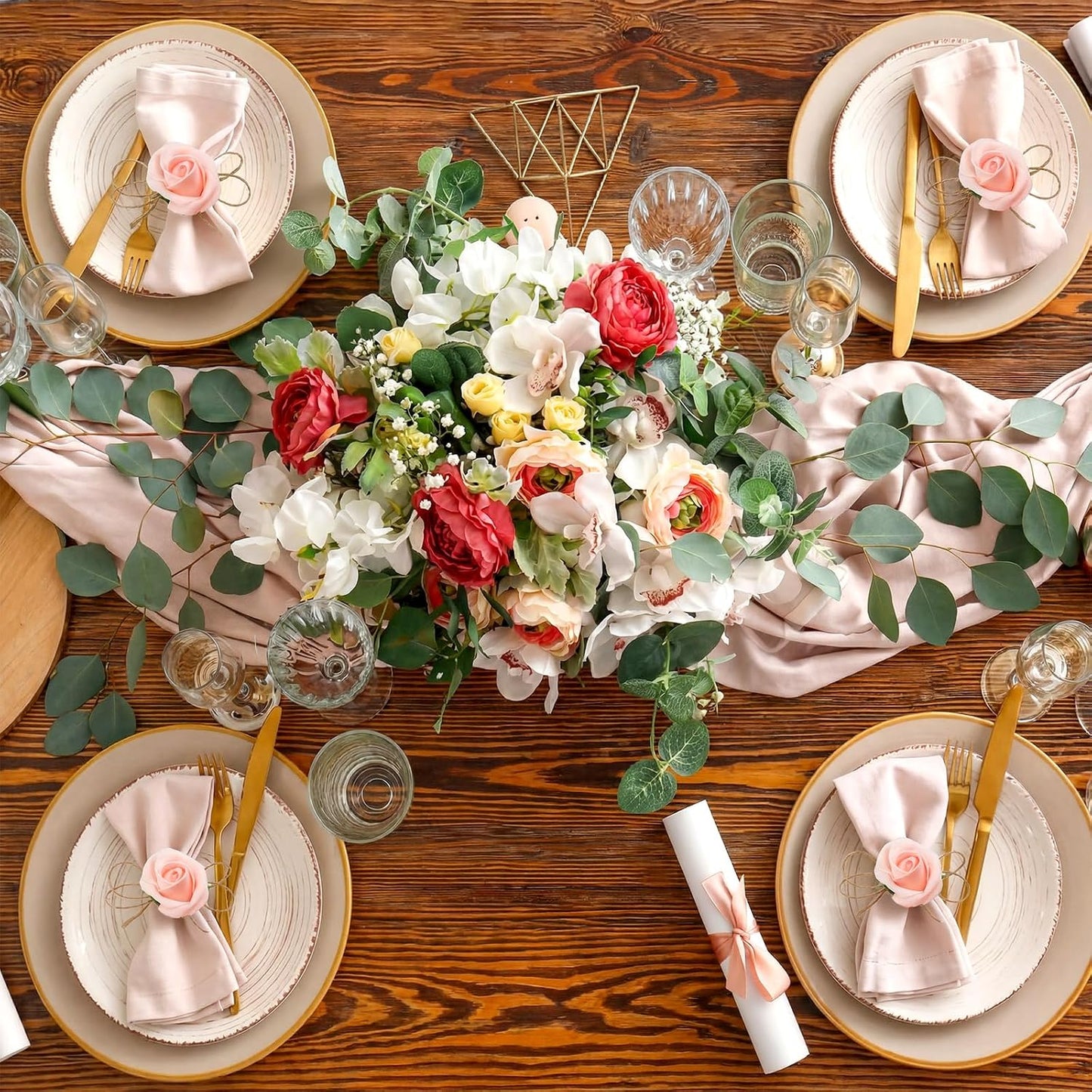 Flower Napkin Rings Set of 12 Wooden Pink Rose Handmade Napkin Holders for Wedding Mother's Day Birthday Dinner luncheons Picnics Banquet