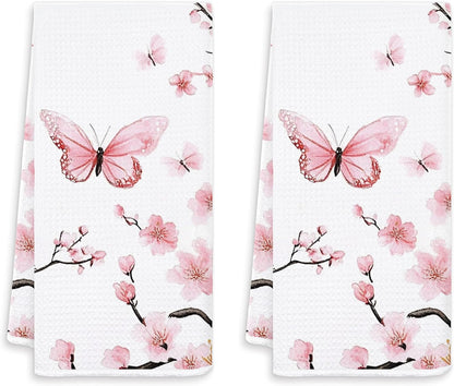 Pink Oriental Cherry Blossom Kitchen Towels Set of 2, Aesthetic Butterfly and Flower Hand Towels for Bathroom Decor, Rustic Pink Floral Dish Tea Towels for Kitchen Decor, 16x24 Inches