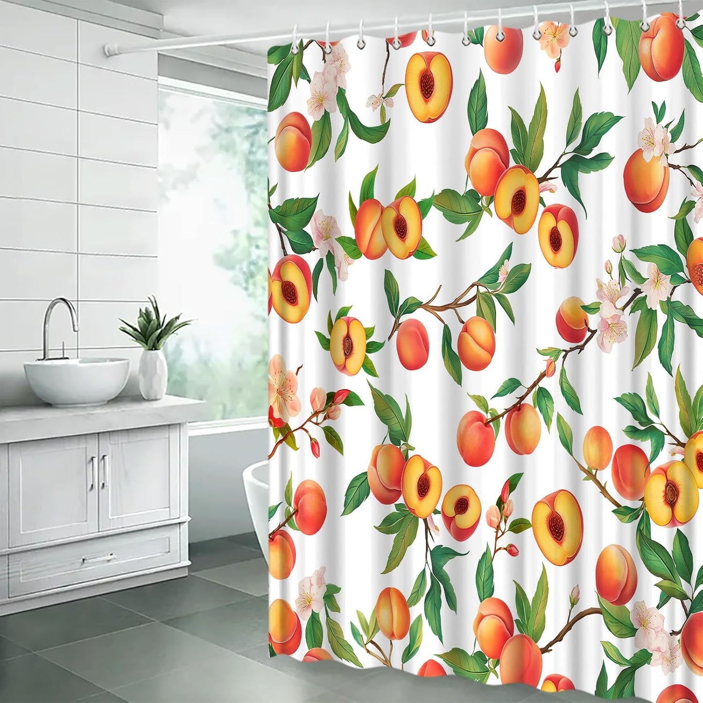 Peach Shower Curtain Fruits Cute Bright Colorful Green Leaves Cartoon,White 70" W x 70" H Fabric Bathroom Decor Curtain with Hooks