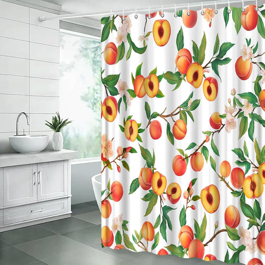 Peach Shower Curtain Fruits Cute Bright Colorful Green Leaves Cartoon,White 70" W x 70" H Fabric Bathroom Decor Curtain with Hooks