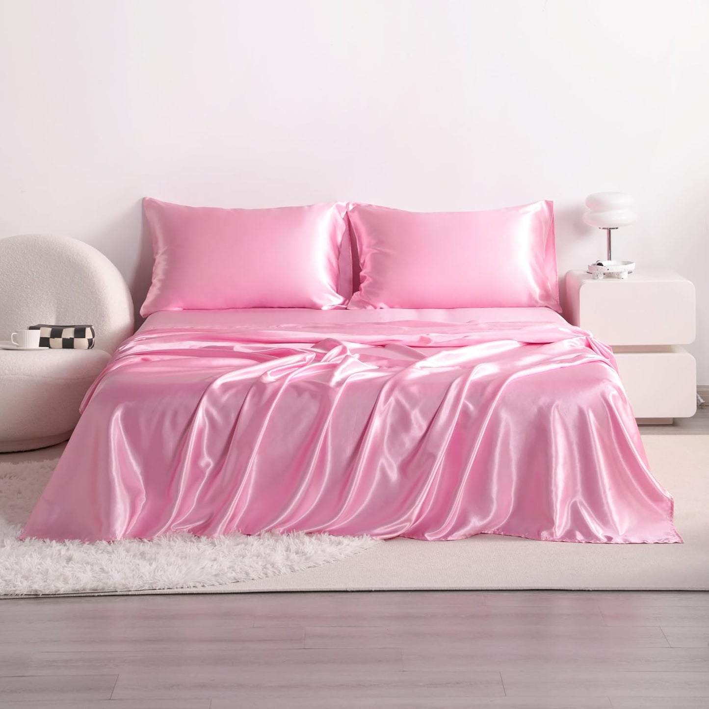 Twin Satin Bed Sheet Set, 3 Pieces Bed Sheet Set with Silky Solid Color, 1 Deep Pocket Fitted Sheet, 1 Flat Sheet, and 1 Pillowcase, Pink