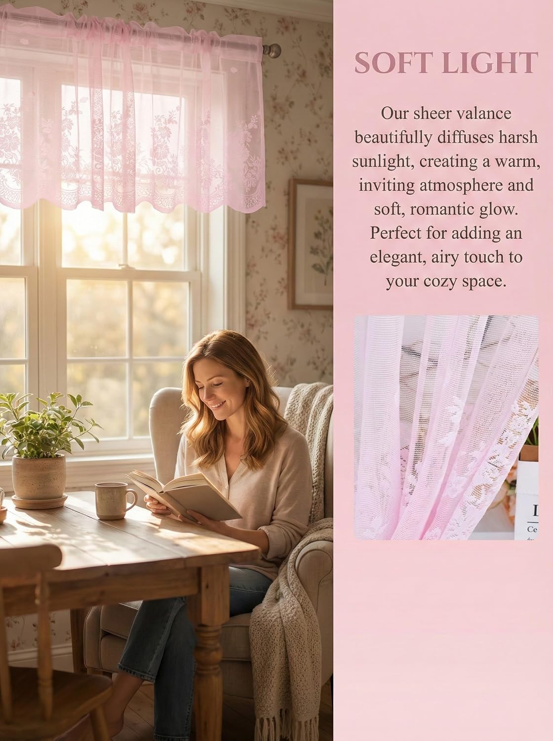 Molaxhome Lace Valances for Windows 51x16in, Floral Embroidered Kitchen Sheer Curtain Half Window Valance Cafe Dinning Bath Room 1 Pcs(Pink)