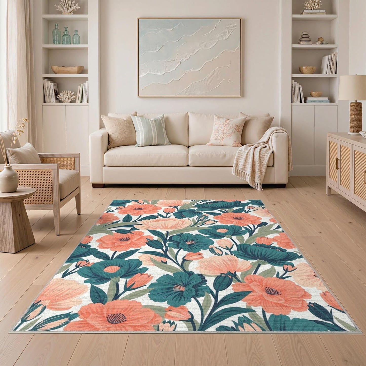 5'x7' Washable Flatwoven Rug, Peach Contemporary Botanical Stain Resistant Area Rug Non-Slip Low Profile Floor Covering for Guest Room, Lounge, Apartment | Ref:2157510
