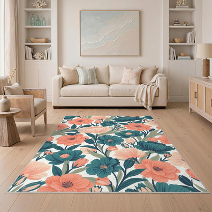 5'x7' Washable Flatwoven Rug, Peach Contemporary Botanical Stain Resistant Area Rug Non-Slip Low Profile Floor Covering for Guest Room, Lounge, Apartment | Ref:2157510
