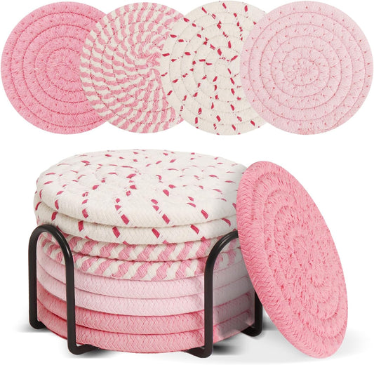 Pink Cotton Rope Coasters Set of 8, for Office and Living Room | With Holder, Non-slip, Absorbent, Heat Resistant, Cute Design, Easy to Clean, Everyday Home Use, Gifts for Women
