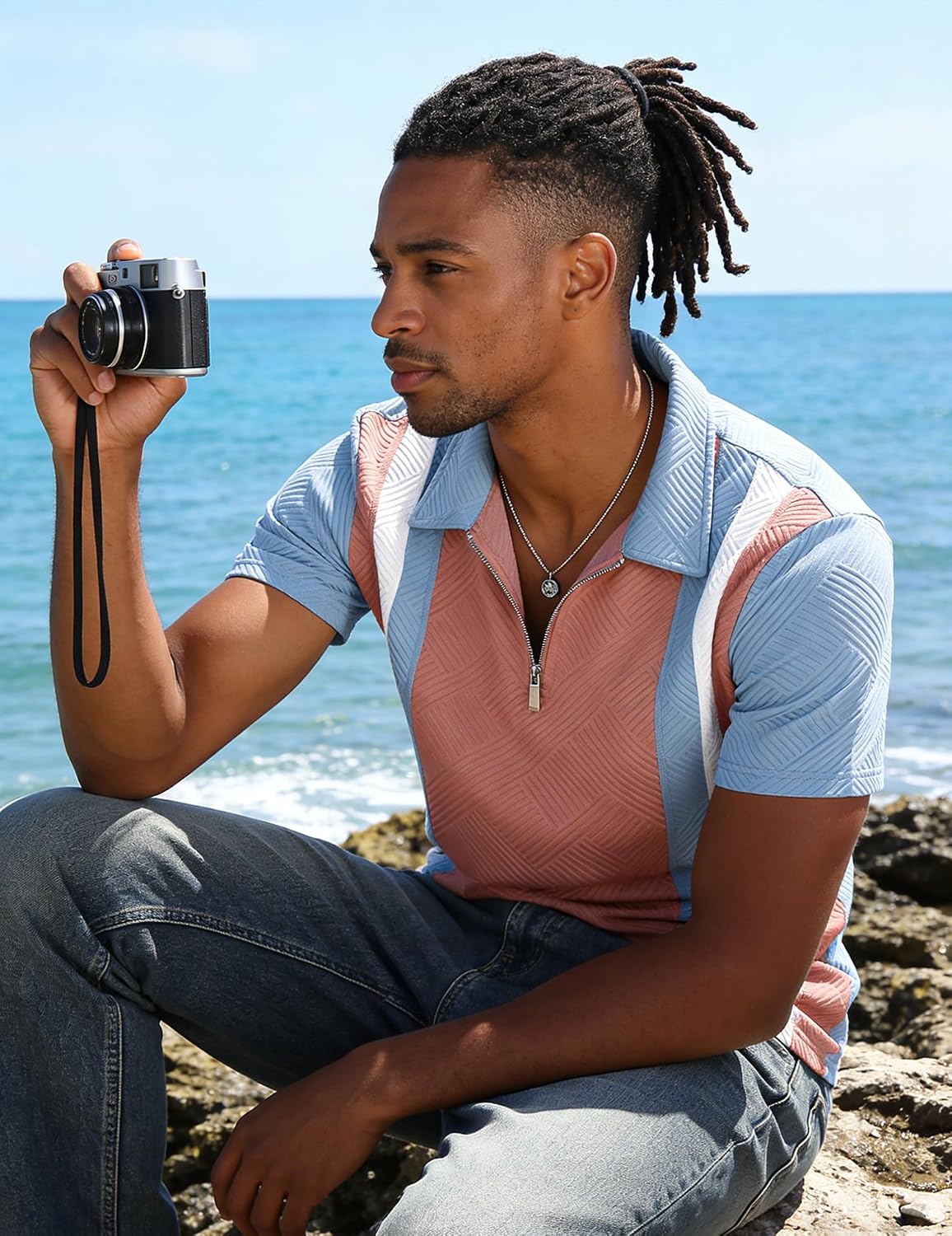 UOUA Men's 1/4 Zip Polo Shirts Summer Short Sleeve Sweatshirts Vintage Striped Texture Tops Casual Golf Tee