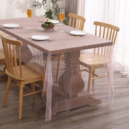Pink Lace Tablecloth Pearl Table Cloth Summer Sheer Tulle Fabric Table Cover Bridal Shower Veil Tablecloths Chiffon Table Covers for Wedding Birthday Party Arch(55 x 86 Inch)
