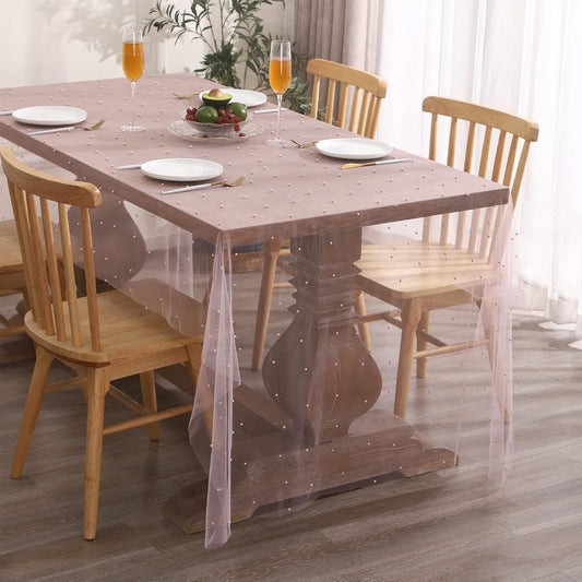 Pink Lace Tablecloth Pearl Table Cloth Summer Sheer Tulle Fabric Table Cover Bridal Shower Veil Tablecloths Chiffon Table Covers for Wedding Birthday Party Arch(55 x 86 Inch)