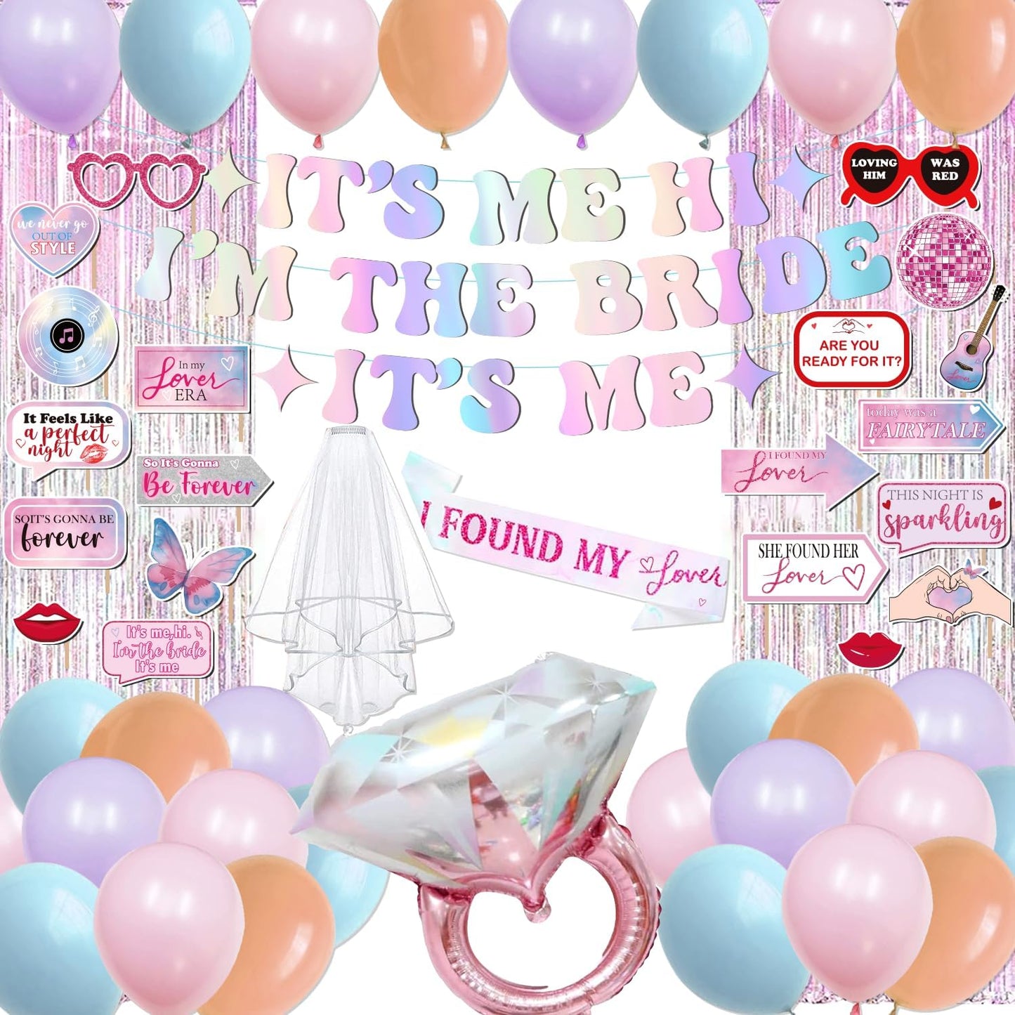 Bachelorette Party Decorations Its Me Hi Im The Bride Its Me Banner Pink Tinsel Foil Curtains Bride to Be Sash and Veil Bridal Photo Props Bachelorette Balloons Bridal Shower Fecorations