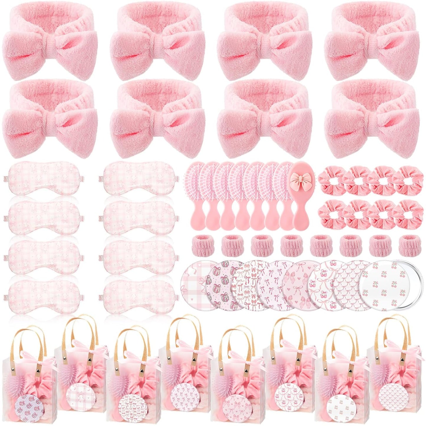 Honeydak 56 Pcs Pink Spa Sleepover Party Supplies Include Sleep Eye Mask Wristband Scrunchie Spa Headband with Coquette Bow Mirror Hair Comb Gift Bags for Women Girls Slumber Birthday Party Favors
