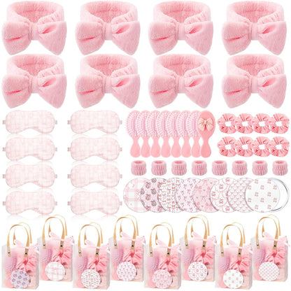 Honeydak 56 Pcs Pink Spa Sleepover Party Supplies Include Sleep Eye Mask Wristband Scrunchie Spa Headband with Coquette Bow Mirror Hair Comb Gift Bags for Women Girls Slumber Birthday Party Favors
