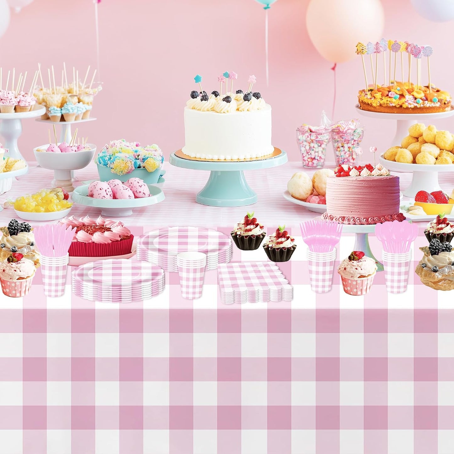 Light Pink Gingham Party Tablecloth Decorations, 3 Pack Pink Checkered Disposable Plaid Party Supplies Tablecover, for Birthday Baby Shower Bridal Wedding, 55in x 86in