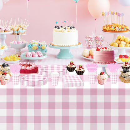 Light Pink Gingham Party Tablecloth Decorations, 3 Pack Pink Checkered Disposable Plaid Party Supplies Tablecover, for Birthday Baby Shower Bridal Wedding, 55in x 86in