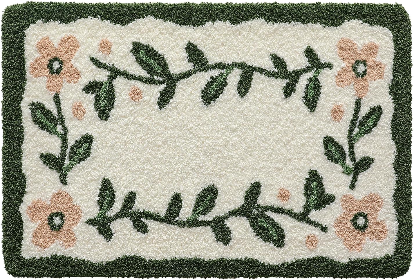 DEXI Floral Bathroom Rugs 24x36, Green Leaf Bathmat Non Slip, Washable Absorbent Quick Dry Bath Mat, Soft Plush Microfiber Cute Pink Flower Shower Rug for Shower Floor, Tub, Sink, Beige
