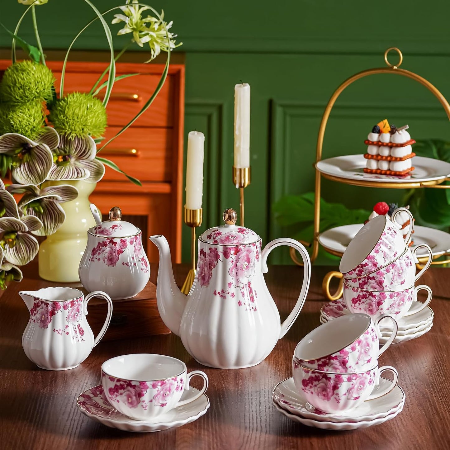 Pink Flowers Ceramic Tea Set，Tea Sets for Adults, with Teapot, Sugar Bowl, Milk Jug, Spoons, Cup and Saucer for Tea Party (Pink Flowers)