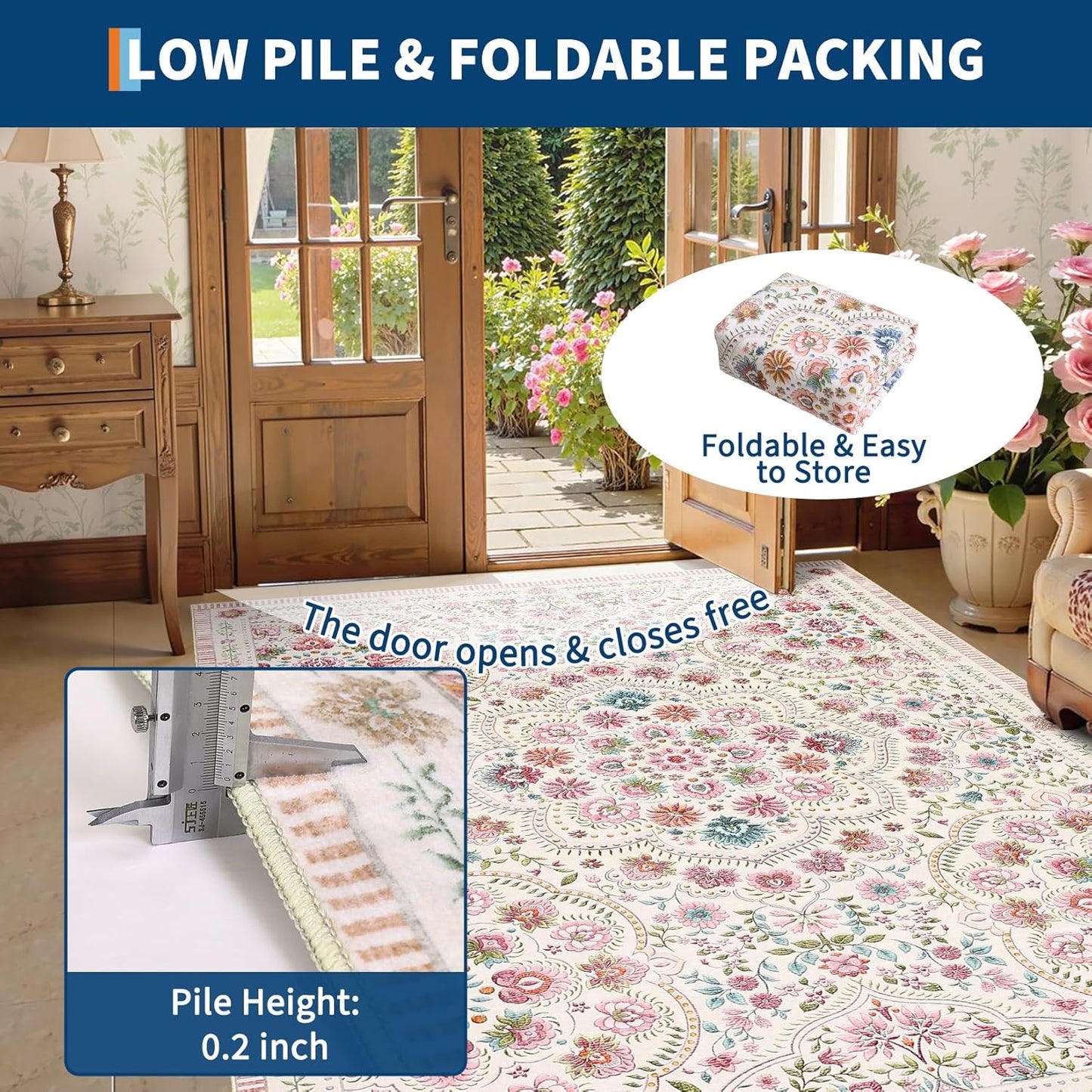 Garvee Washable Floral 9x12 Area Rugs for Living Room, Indoor Farmhouse Non Slip Girls Bedroom Rug, Ultra Soft Thin Large Carpet for Nursery Playroom, Stain Resistant Dining Room Rugs, Beige Pink