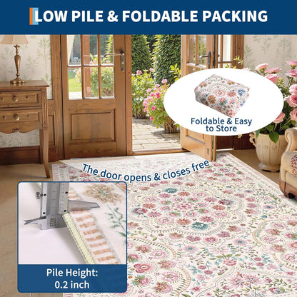 Garvee Washable Floral 9x12 Area Rugs for Living Room, Indoor Farmhouse Non Slip Girls Bedroom Rug, Ultra Soft Thin Large Carpet for Nursery Playroom, Stain Resistant Dining Room Rugs, Beige Pink
