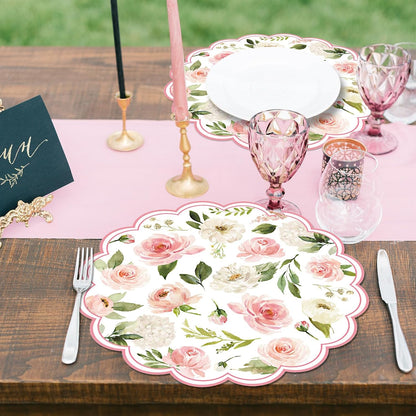 50PCS Floral Paper Placemats, Pink Roses Flower Paper Placemats Disposable, 13.5in Summer Table Mats for Wedding Anniversary Birthday Home Party Supplies Banquet Table Settings