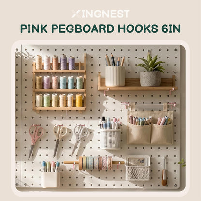 50-Pack Pink Pegboard Hooks 6 Inch - Fits 1/8 and 1/4 Inch Boards | Decorative Metal Peg Board Hangers with Rubber Safety Tips - Heavy Duty Organizer for Craft Room, Garage & Retail Display