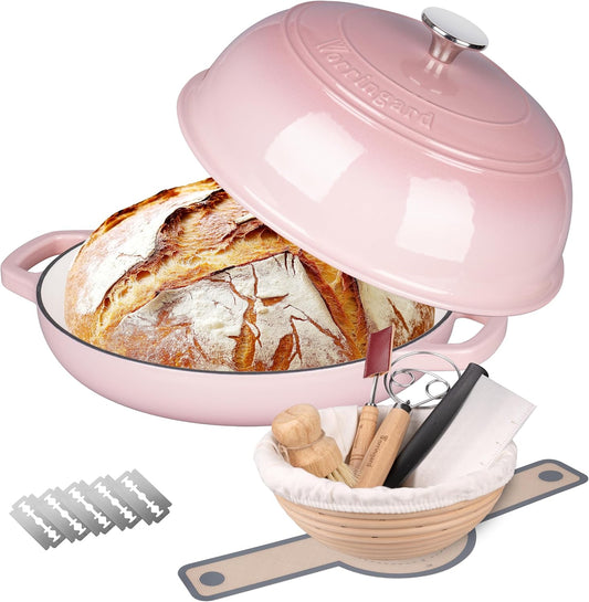 VORRINGARD Enameled Cast Iron Dutch Oven Pot with Lid, Bread Oven for Sourdough Bread Baking, Dutch Ovens with Bread Proofing Basket& Baking Supplies Set, 6 Quart, Pink