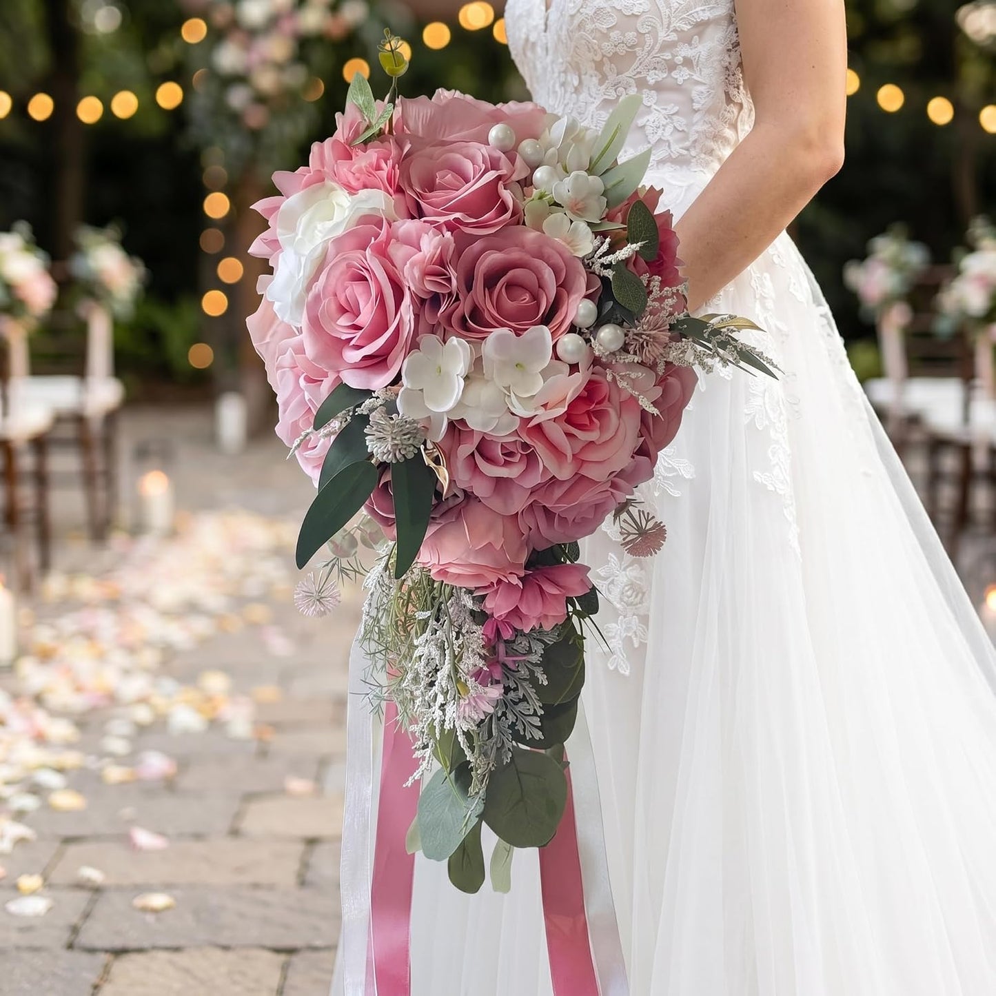 Dusty Pink Artificial Cascading Bridal Bouquet, Wedding Bouquets for Bride | Silk Cascading Bouquet for Boho Rustic Weddings, Photo Props & Wedding Decorations