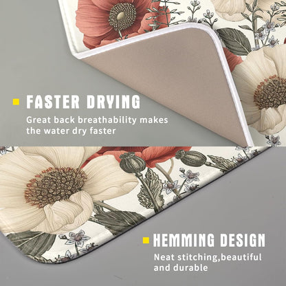 Floral Dish Drying Mat for Kitchen Counter 18x16 Inch Beige Pink Big Flower Drying Mat with Absorbent Reversible Microfiber Season Spring Dish Drainer Mats Rack Pad for Coffee Countertop Protector