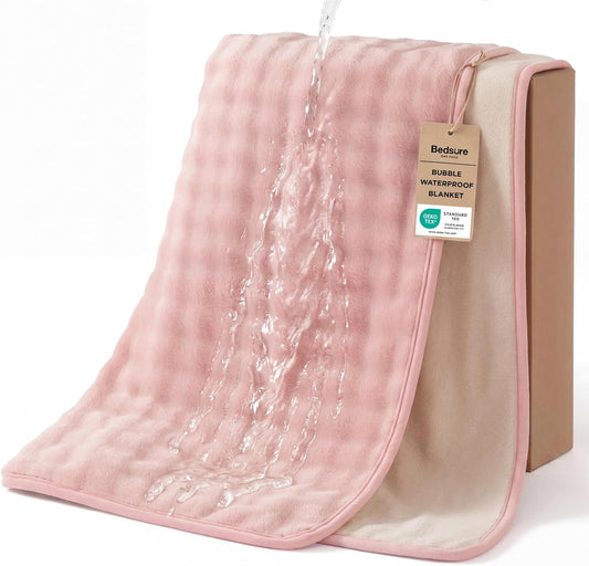 Bedsure Bubble Waterproof Blanket for Couch - Soft Fleece Reversible Dog Blankets for Large Dogs, Waterproof Couch Sofa Cover Bed Protector, Pink/Beige, Twin 60x80 inches