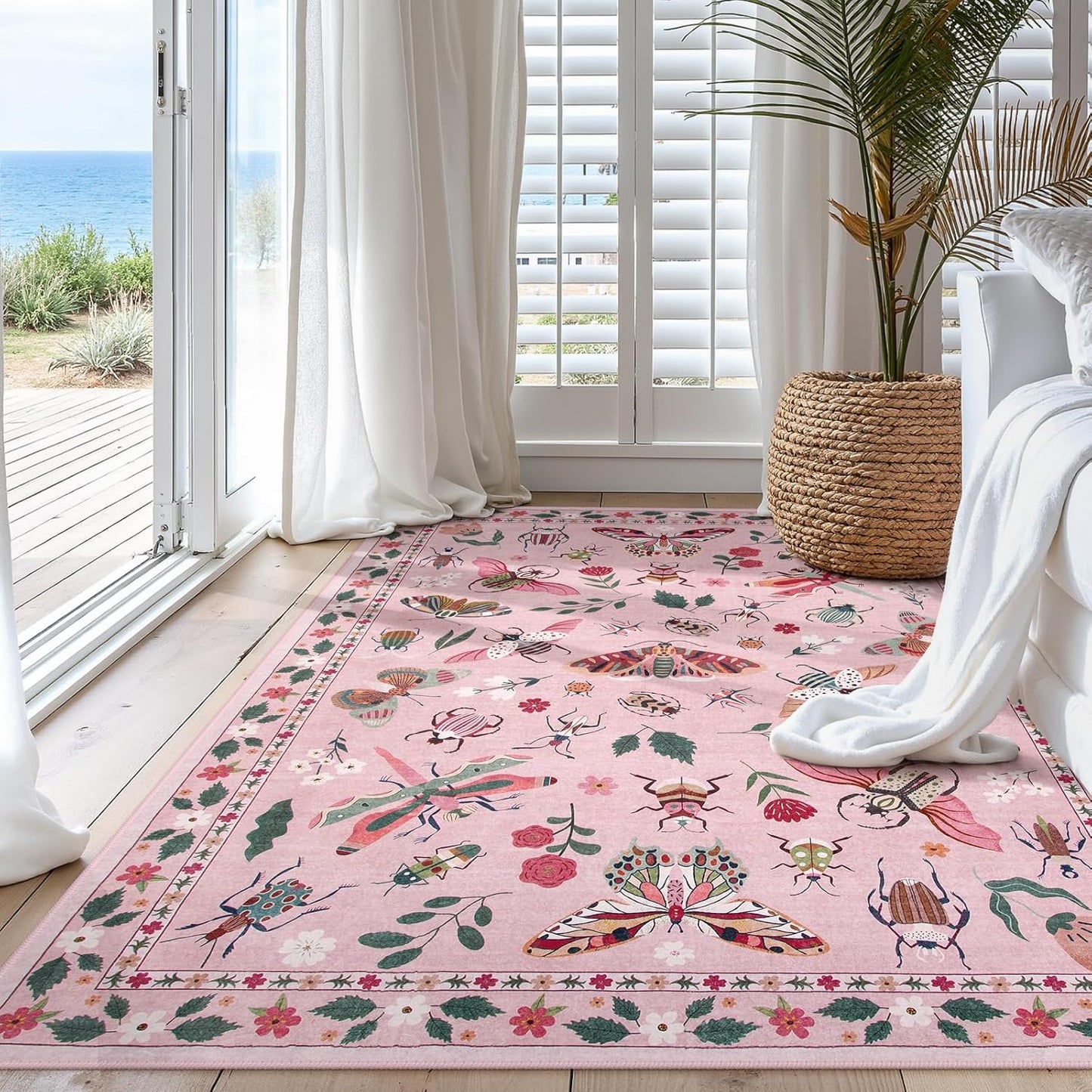 Lahome Insect Machine Washable Rugs 5x7, Soft Modern Pink Rugs for Bedroom Girls Living Room, Non Slip Ultra-Thin Stain Resistant Accent Carpet for Dining Room Nursery Vionnet(5'x7',Pink)