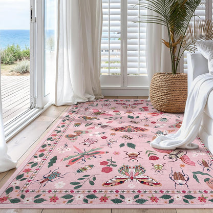 Lahome Insect Machine Washable Rugs 5x7, Soft Modern Pink Rugs for Bedroom Girls Living Room, Non Slip Ultra-Thin Stain Resistant Accent Carpet for Dining Room Nursery Vionnet(5'x7',Pink)