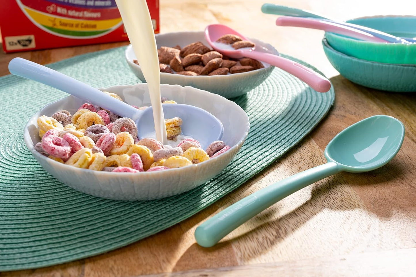 Plastic Cereal Spoons, Set of 6-7 Inch Kids Spoons in Pink, Green, Blue - Reusable Tablespoons for Soup, Yogurt, Ice Cream, Everyday Family Use, Dishwasher Safe, Made in USA by Pikanty