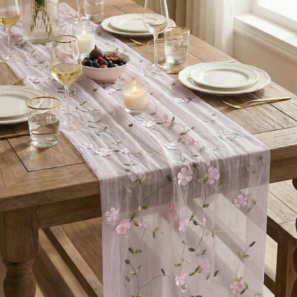 Artoid Mode 3D Flower Pink Gauze Embroidery Table Runner 120 Inch 10FT, Tulle Seasonal Spring Kitchen Dining Holiday Table Decor for Home Party