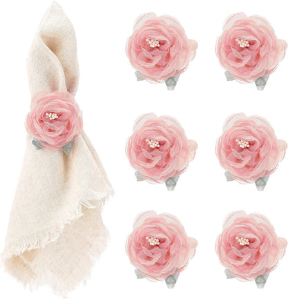 Handcrafted Flower Napkin Rings Set of 6 – Romantic Pink Tulle Rose Napkin Holders for Wedding Table Decor, Tea Parties, Brunches, Holiday Dining Decorations