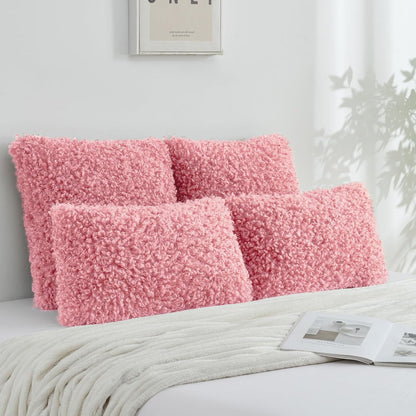 FUTEI Pack of 2 Decorative Throw Pillow Covers 18x18 Inch,Soft Fluffy Faux Wool Fur Boucle Textured Cushion Case,Modern Home Decor for Couch Bed Living Room Office,Pink