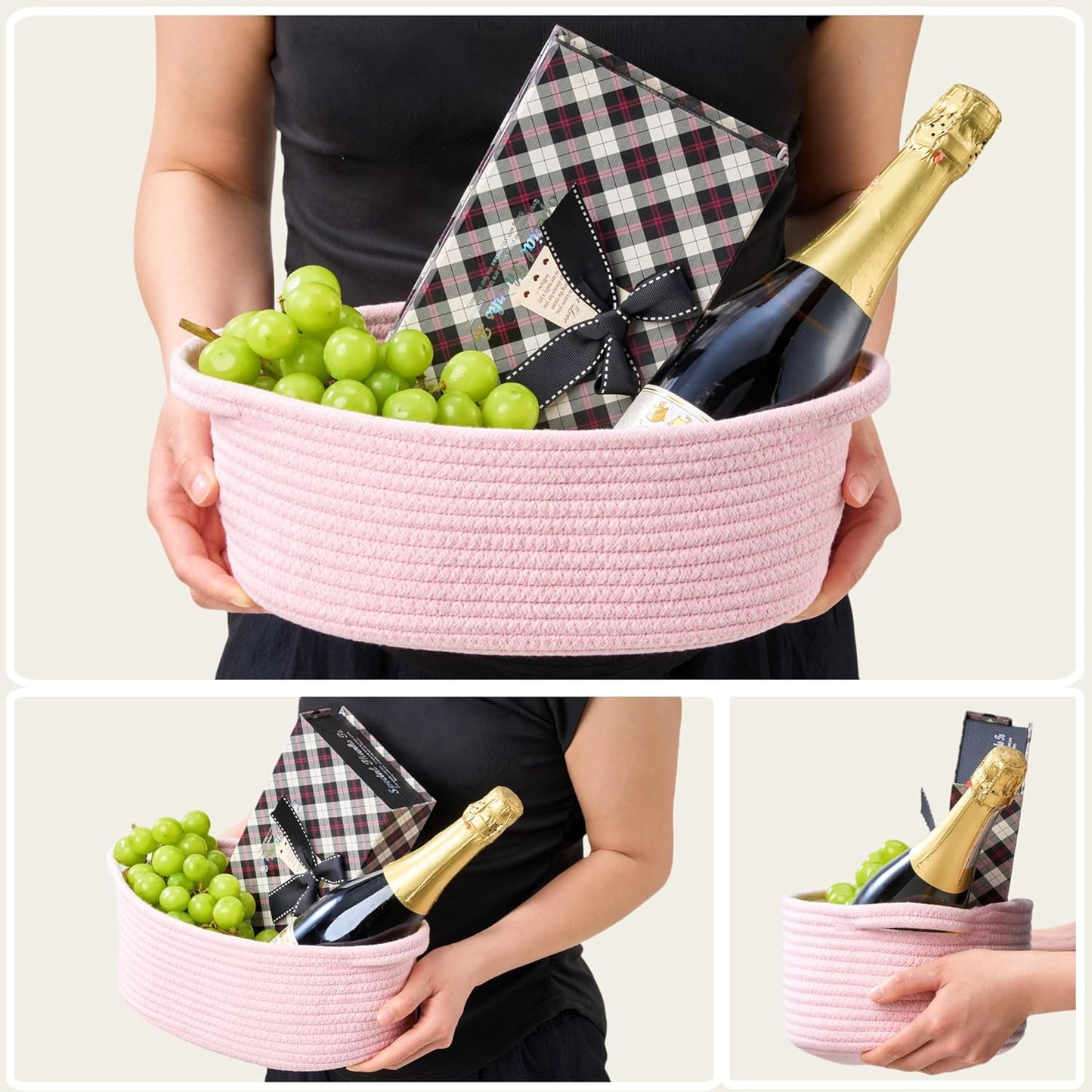 Small Woven Easter Basket with Gift Bag and Ribbon – Empty Burr Basket for Gifts, Baby Shower, & Birthdays – Decorative Rope Storage Organizer for Shelves, 12"x8"x5", Pink