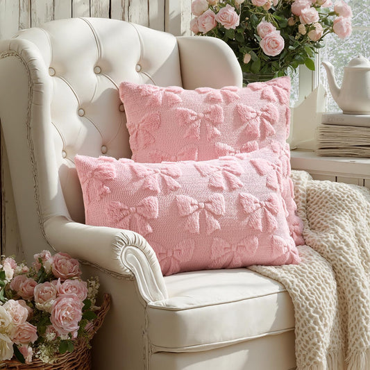 MIULEE Pink Bow Pillow Covers Coquette Room Decor Aesthetic Set of 2 Spring Decorative Cute Girl Soft Plush Faux Pillowcase for Preppy Room Decor Bedroom Couch,12x20 Inch
