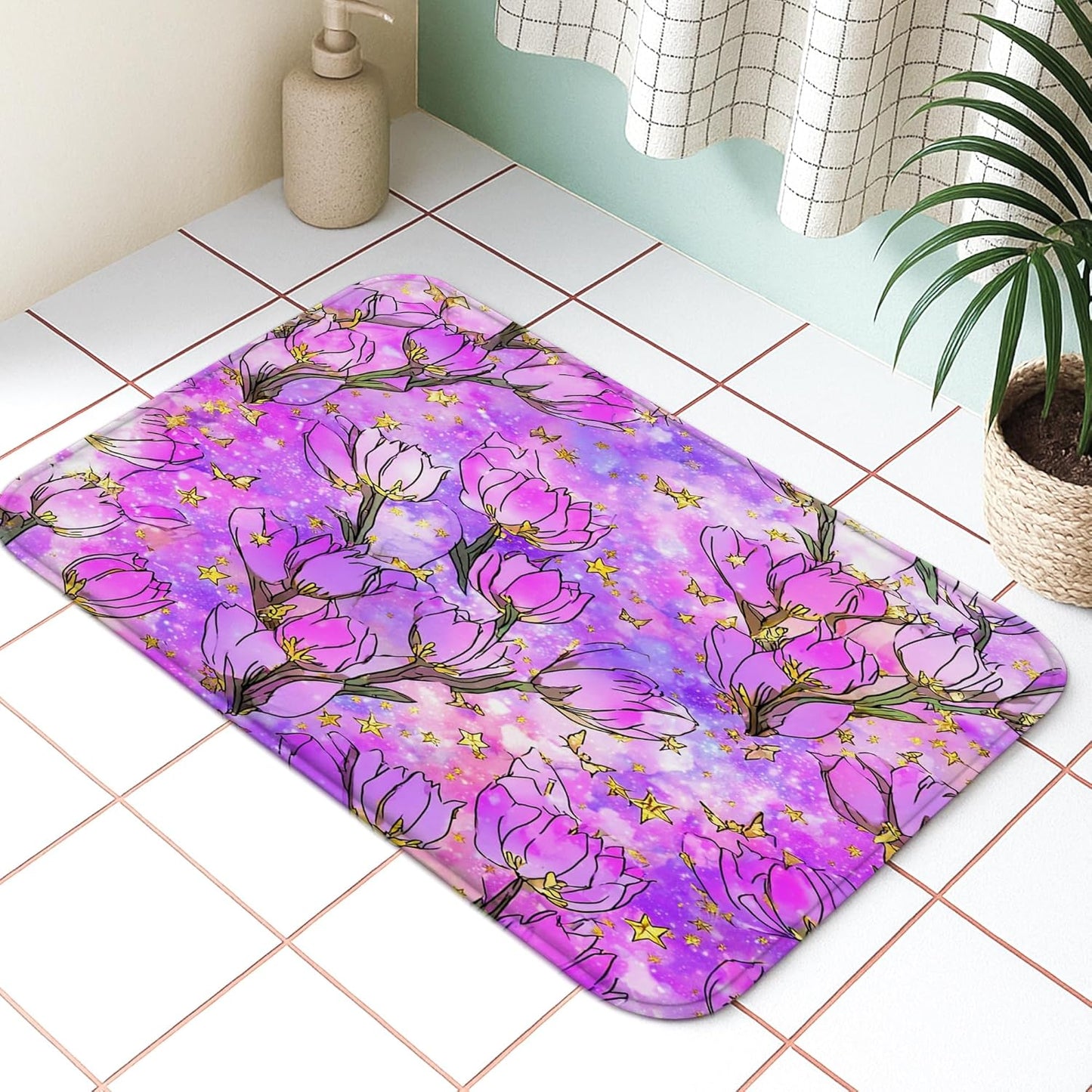 Spring Botanical Quick Dry Bath Mat, Elegant Peach Floral Patterned Absorbent Non-Slip Shower Mat, Memory Foam Washable Bath Rugs for Home Decor 20x32 Inch