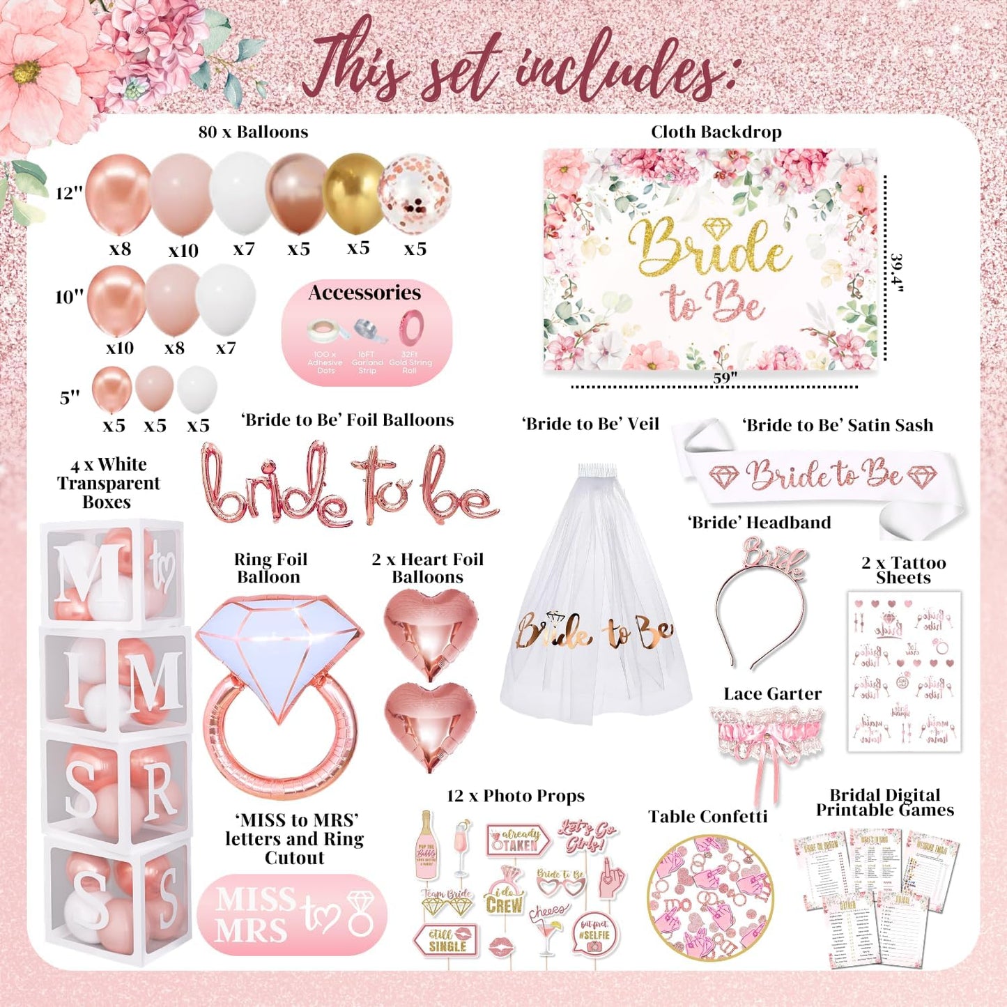 189 Pc Rose Gold Bridal Shower Decorations Kit – Bachelorette Party Set | Oxford-cloth backdrop, balloon arch, Bride-to-Be sash/veil/tiara, 12 photo props, foil balloons + printable games