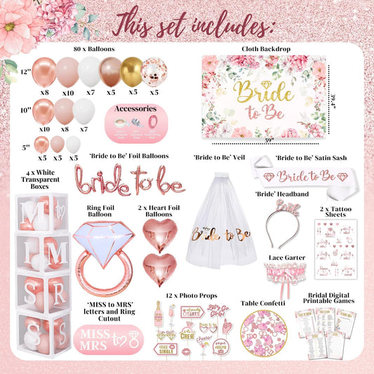 189 Pc Rose Gold Bridal Shower Decorations Kit – Bachelorette Party Set | Oxford-cloth backdrop, balloon arch, Bride-to-Be sash/veil/tiara, 12 photo props, foil balloons + printable games