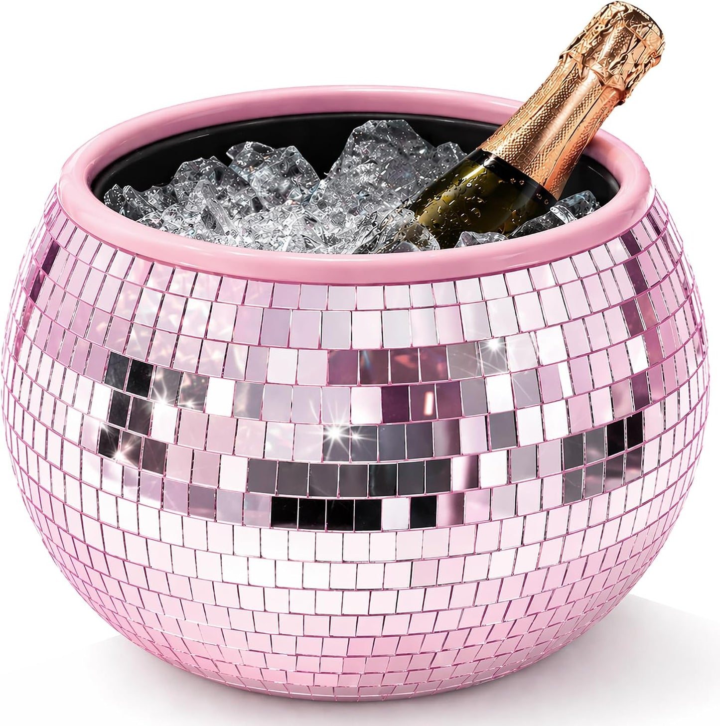 Pink Disco Ball Ice Bucket, Dual Layer Leakproof Mirrored Champagne Bucket Holds 3 Bottles with Ice, Real Glass Mosaic Party Decor for Bachelorette, Girls Night, Birthday, Centerpiece Indoor Outdoor