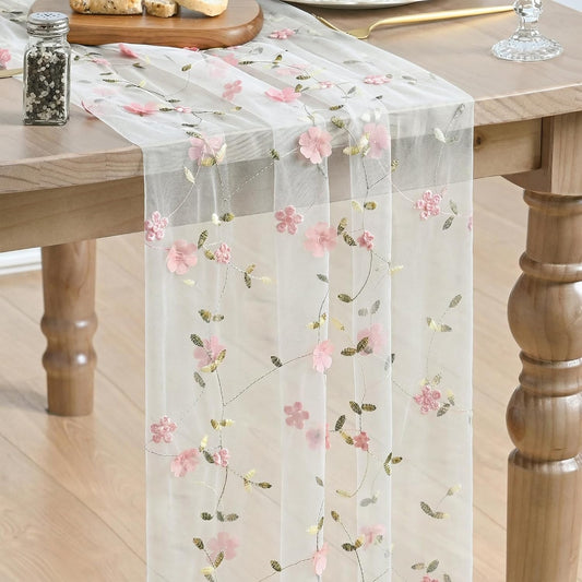 Artoid Mode Pink 3D Flower Gauze Embroidery Table Runner 120 Inch 10FT, Tulle Seasonal Spring Kitchen Dining Holiday Table Decor for Home Party