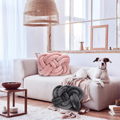 Sintuff Set of 2 Velvet Knot Pillow Ball 14 x 16 Inch Soft Decorative Knotted Throw Pillow for Christmas Thanksgiving Couch Home Sofa Bedroom Decor to Add Comfort and Style(Pink and Gray)