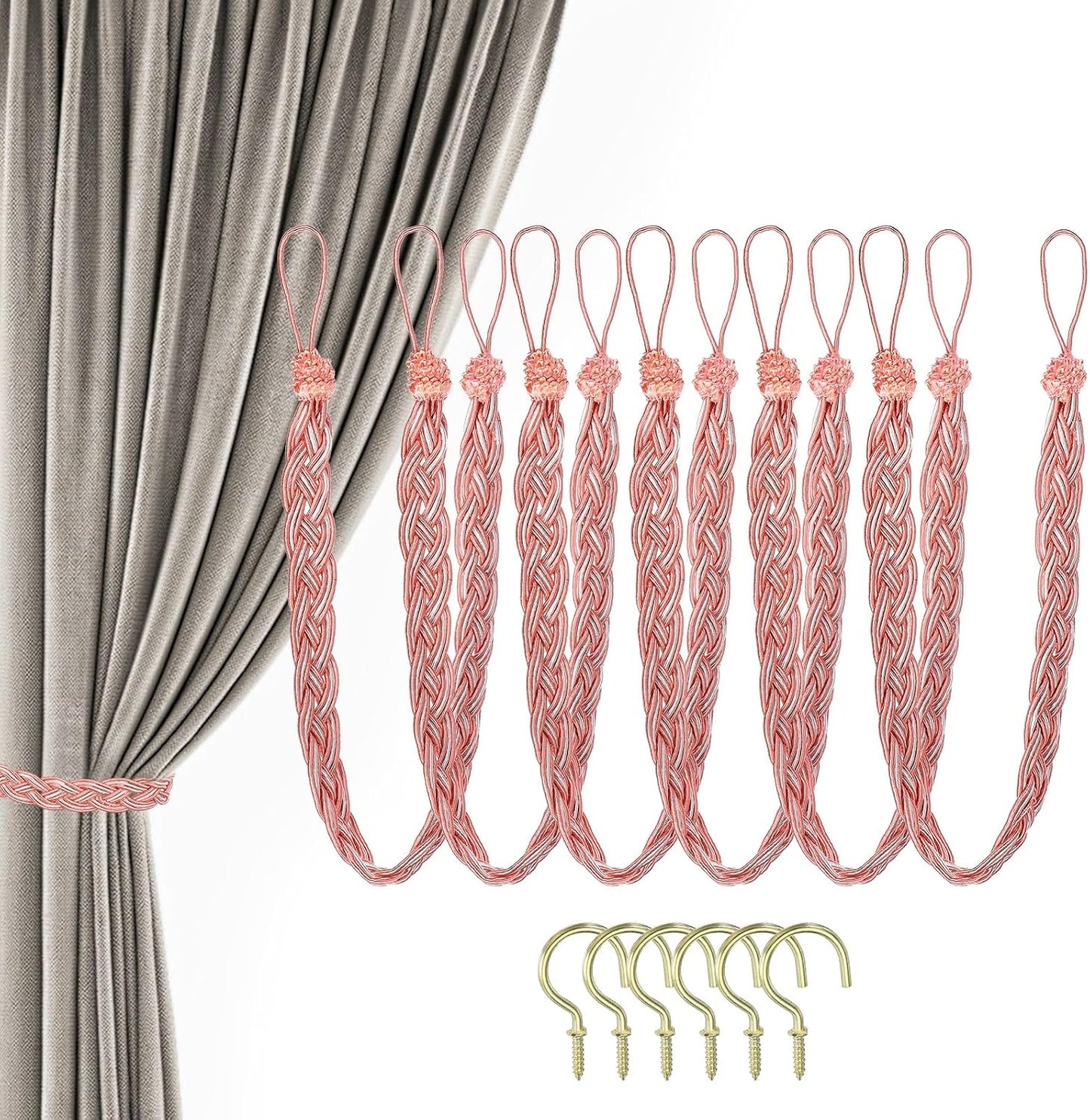 PATIKIL 23inch Curtain Tiebacks, 6 Pack Curtain Tie Backs Handmade Braided Drapery Tiebacks Lovely Cute Versatile Holdback Rope with Hook for Curtains Drapes Wall Window, Pink
