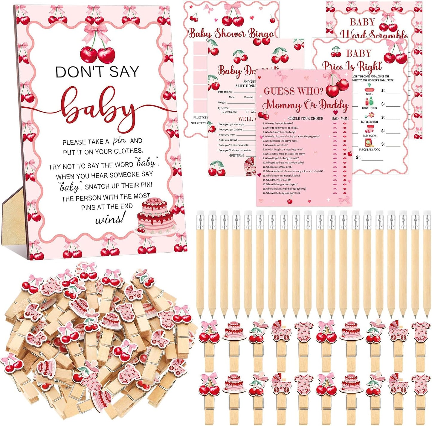Patelai 321 Cherry Baby Shower Decorations Games Supplies Pink She's The Cherry on Top Baby Shower Games Themed Don't Say Sign for Cherries Themed Gender Reveal Birthday Party Decorations Supplies